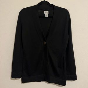 Chico’s black cardigan with a single button closure. Alpaca and silk! Size 0